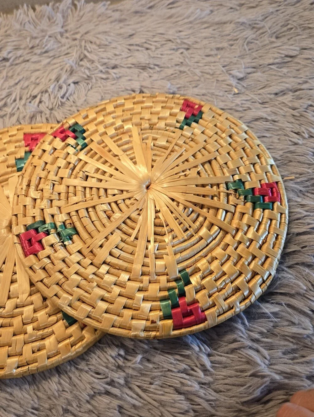 Vintage Trivets Handwoven Round Rattan Coasters with Red & Green Accents